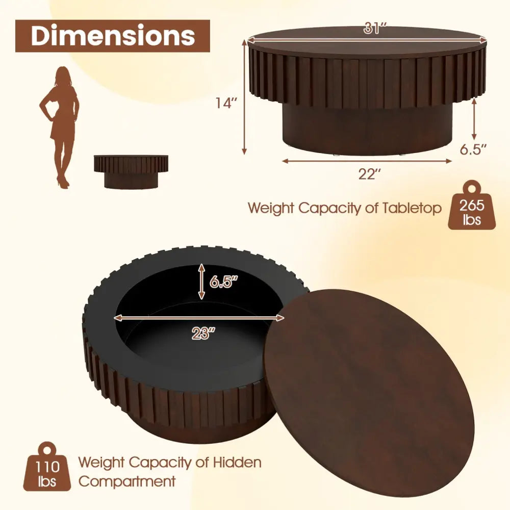 Round Coffee Table with Storage Modern Wooden Drum Coffee Table with Hidden Compartment-Walnut - Walnut - Coffee Tables