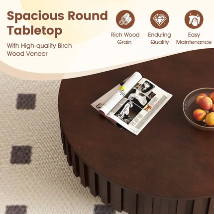 Round Coffee Table with Storage Modern Wooden Drum Coffee Table with Hidden Compartment-Walnut - Walnut - Coffee Tables