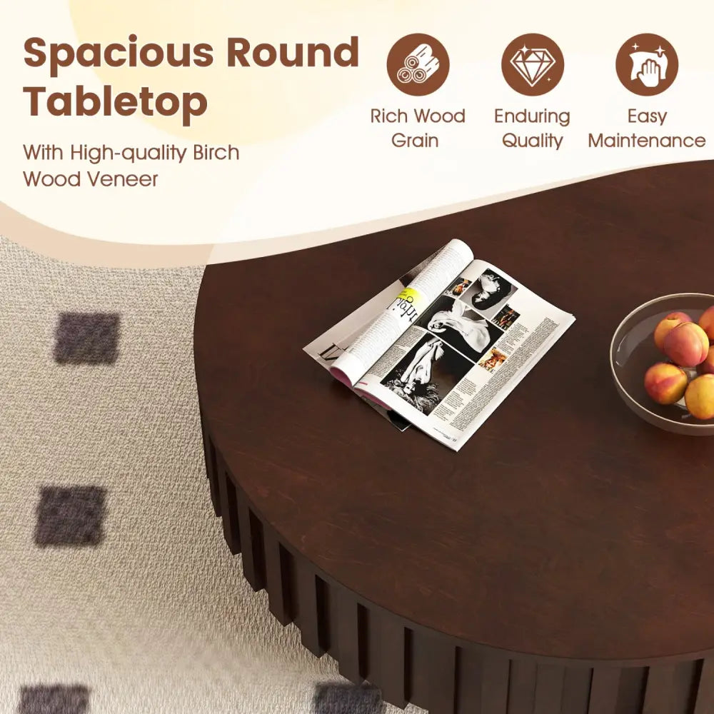 Round Coffee Table with Storage Modern Wooden Drum Coffee Table with Hidden Compartment-Walnut - Walnut - Coffee Tables