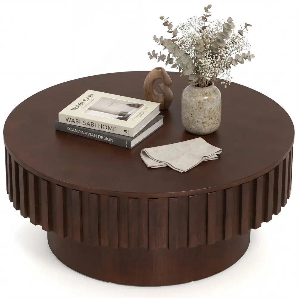 Round Coffee Table with Storage Modern Wooden Drum Coffee Table with Hidden Compartment-Walnut - Walnut - Coffee Tables