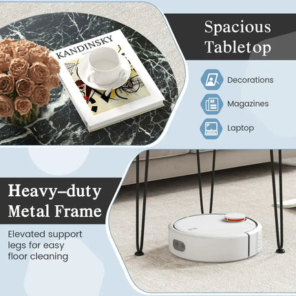 Round Coffee Table with Thickened Tabletop and Metal Tripod Legs-Black - Black - End & Side Tables