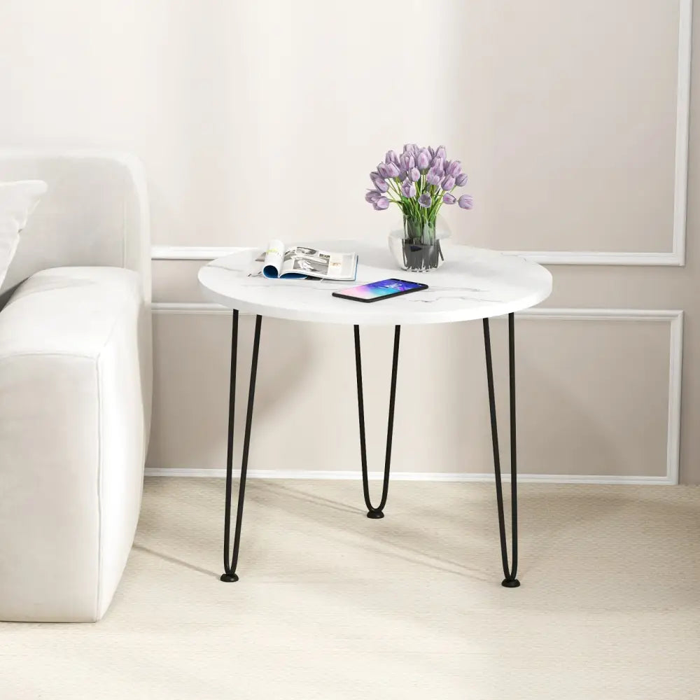 Round Coffee Table with Thickened Tabletop and Metal Tripod Legs-White - White - End & Side Tables