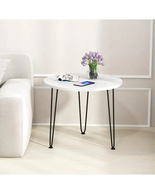 Round Coffee Table with Thickened Tabletop and Metal Tripod Legs-White - White - End & Side Tables