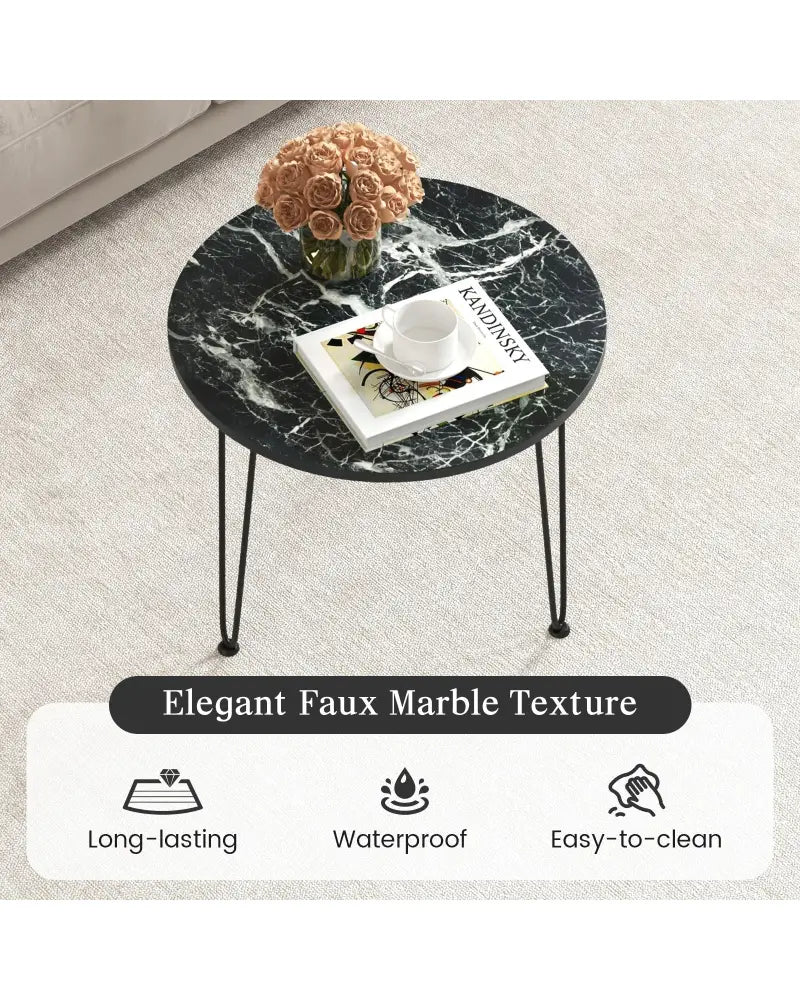 Round Coffee Table with Thickened Tabletop and Metal Tripod Legs-Black - Black - End & Side Tables