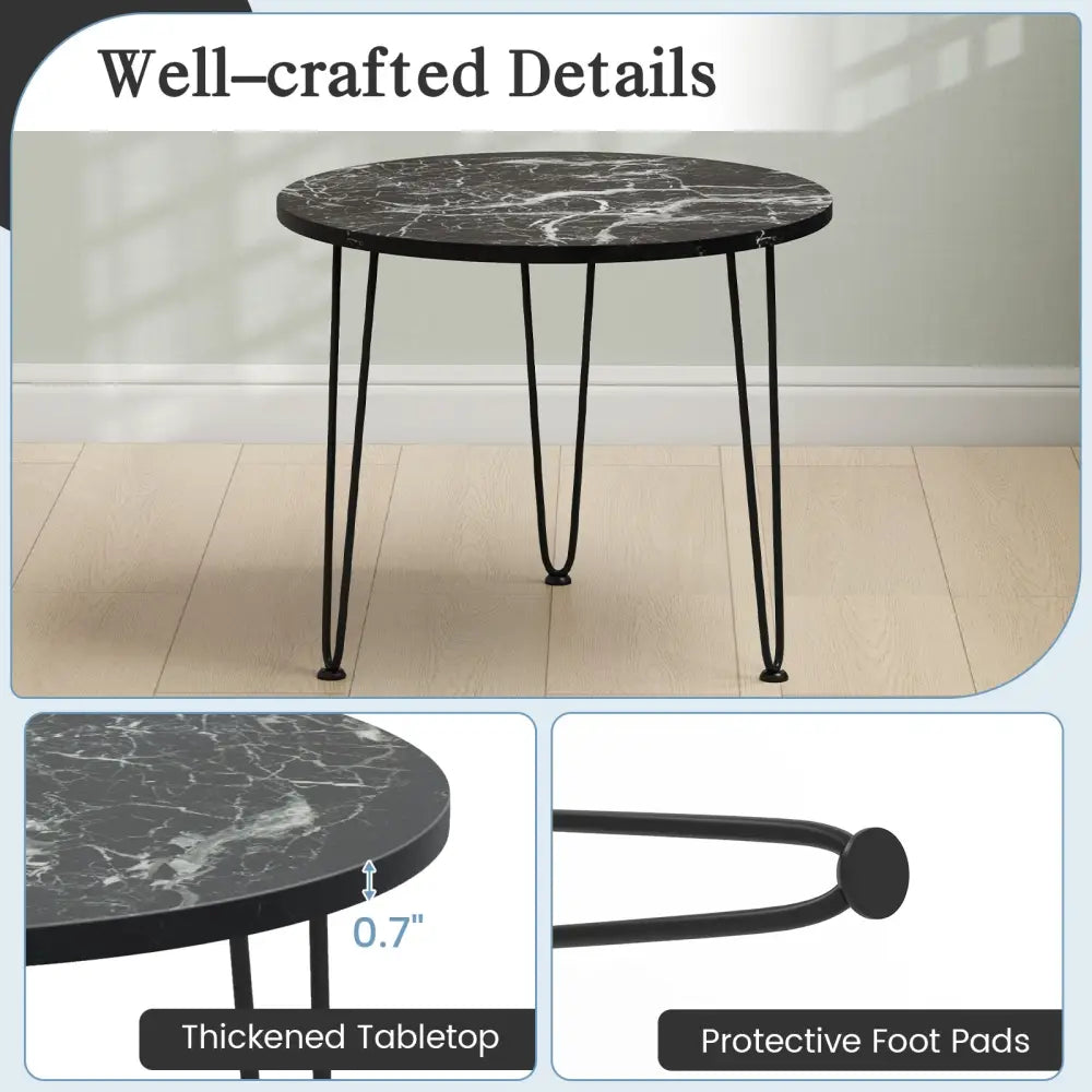 Round Coffee Table with Thickened Tabletop and Metal Tripod Legs-Black - Black - End & Side Tables