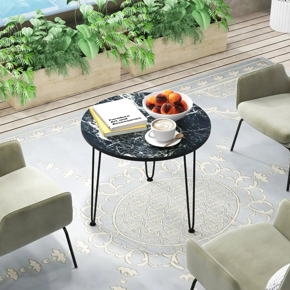Round Coffee Table with Thickened Tabletop and Metal Tripod Legs-Black - Black - End & Side Tables