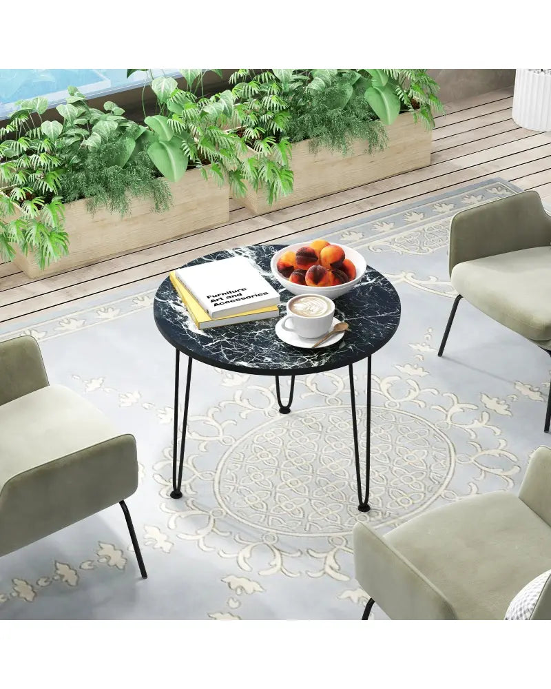 Round Coffee Table with Thickened Tabletop and Metal Tripod Legs-Black - Black - End & Side Tables