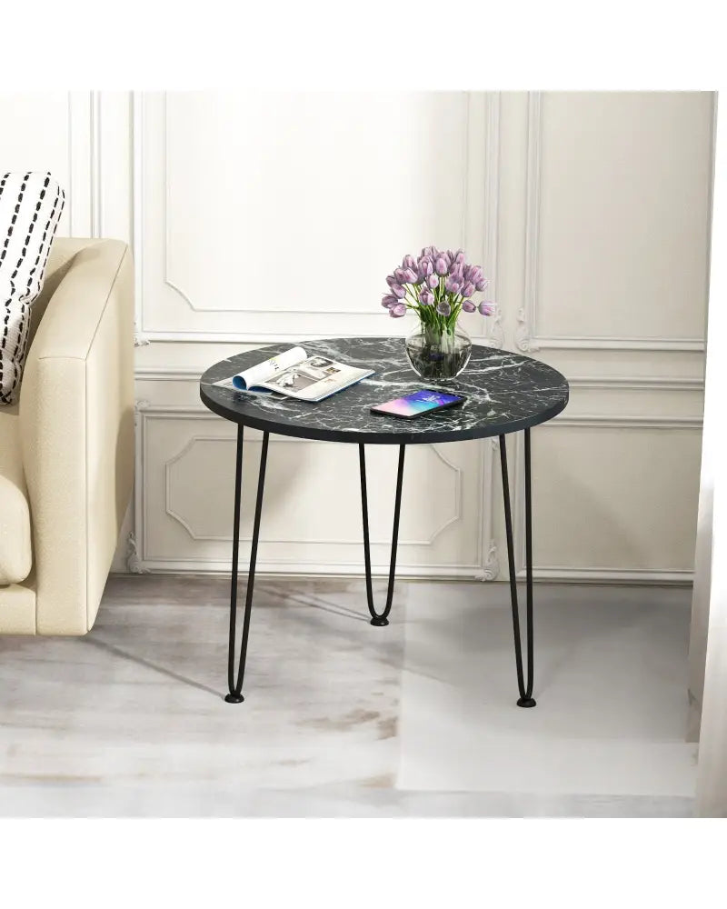 Round Coffee Table with Thickened Tabletop and Metal Tripod Legs-Black - Black - End & Side Tables