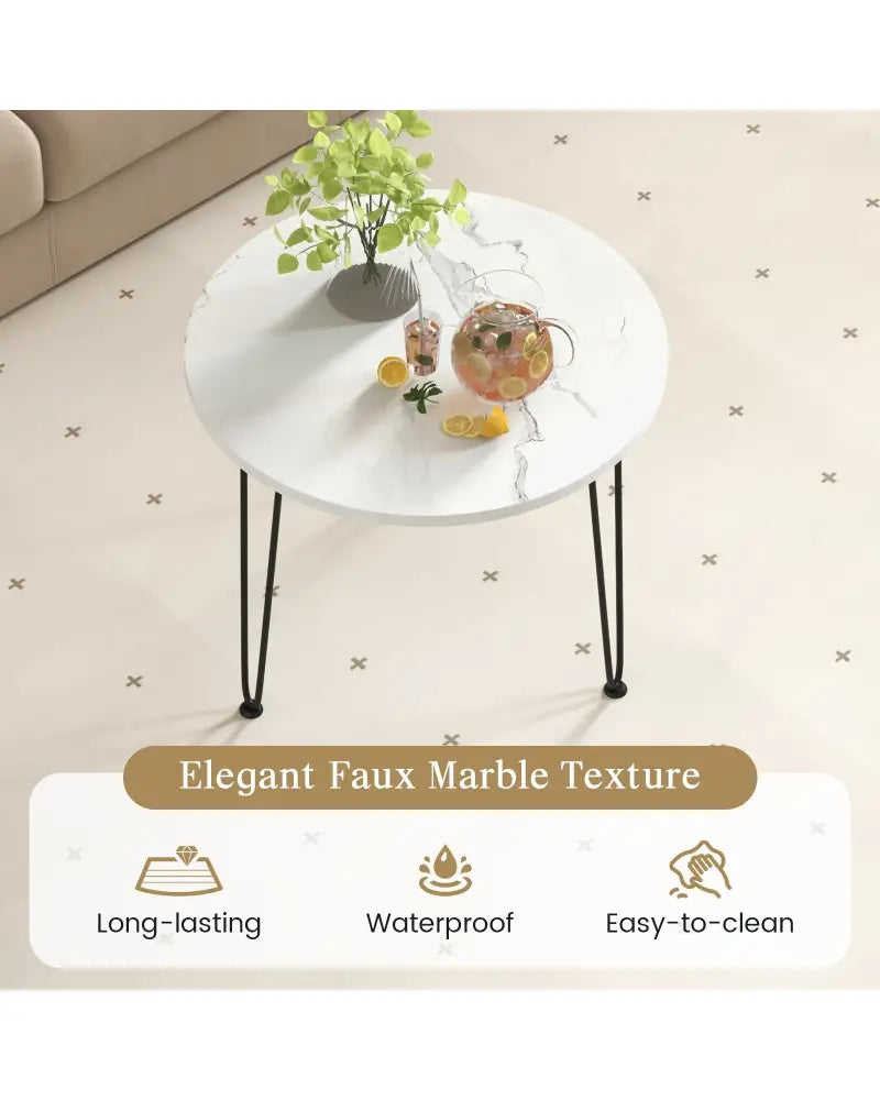 Round Coffee Table with Thickened Tabletop and Metal Tripod Legs-White - White - End & Side Tables