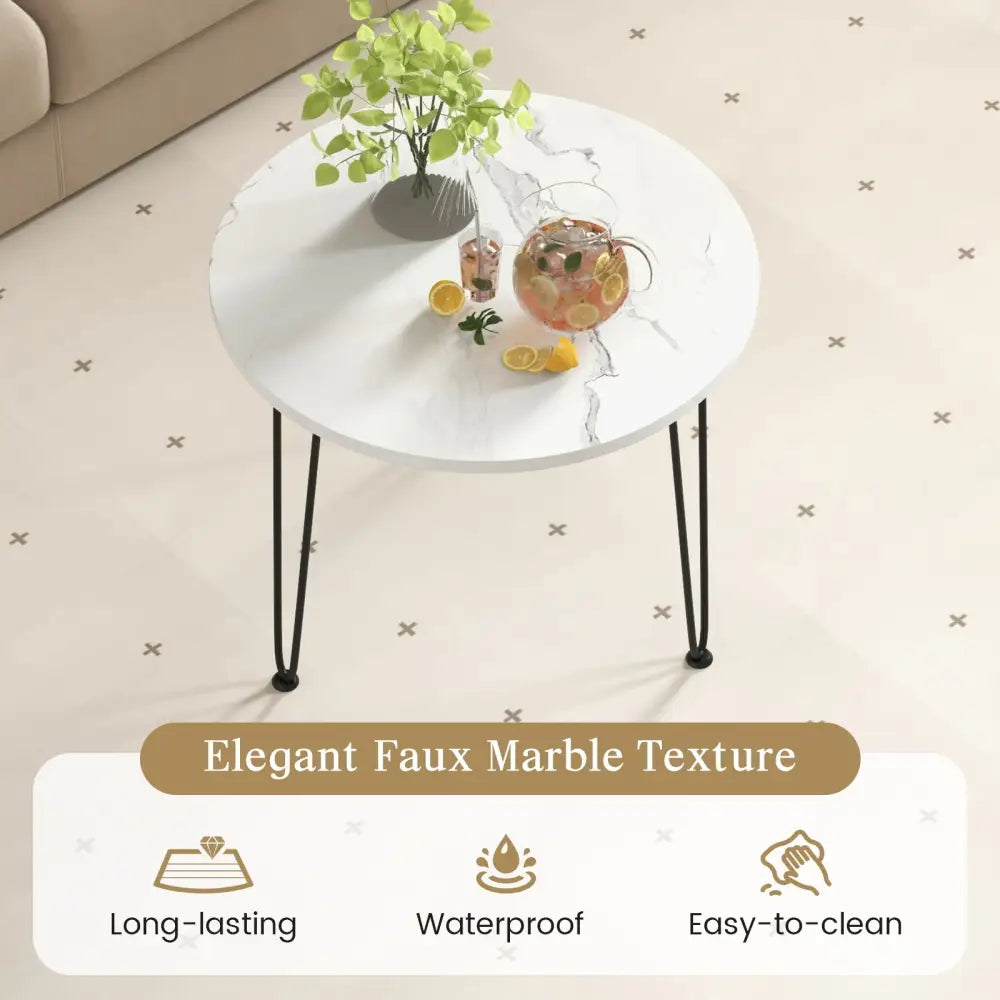 Round Coffee Table with Thickened Tabletop and Metal Tripod Legs-White - White - End & Side Tables