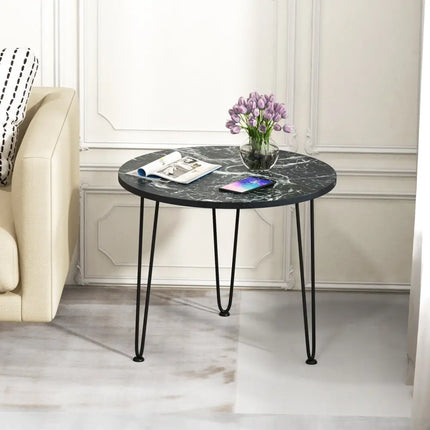 Round Coffee Table with Thickened Tabletop and Metal Tripod Legs-Black - Black - End & Side Tables
