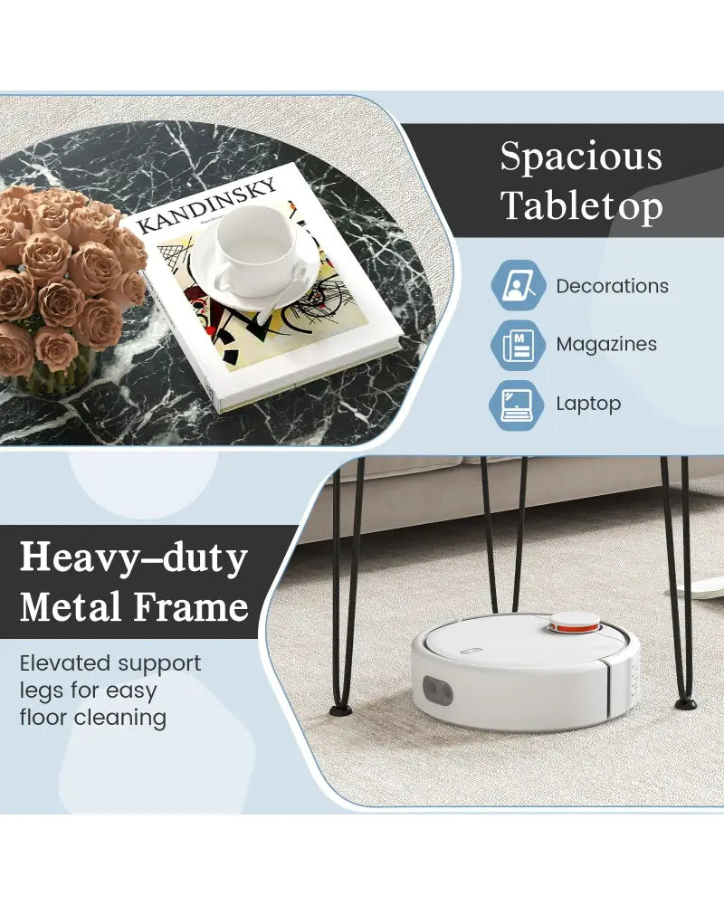 Round Coffee Table with Thickened Tabletop and Metal Tripod Legs-Black - Black - End & Side Tables