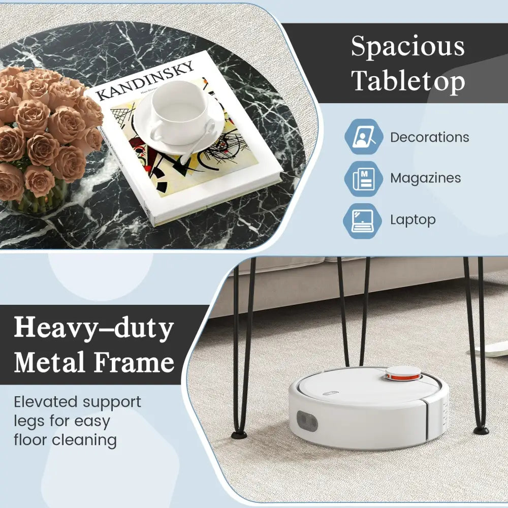 Round Coffee Table with Thickened Tabletop and Metal Tripod Legs-Black - Black - End & Side Tables