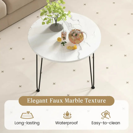 Round Coffee Table with Thickened Tabletop and Metal Tripod Legs-White - White - End & Side Tables