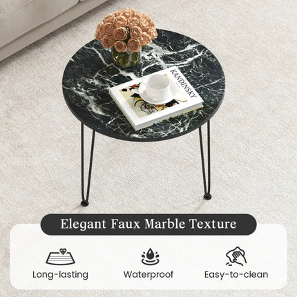 Round Coffee Table with Thickened Tabletop and Metal Tripod Legs-Black - Black - End & Side Tables