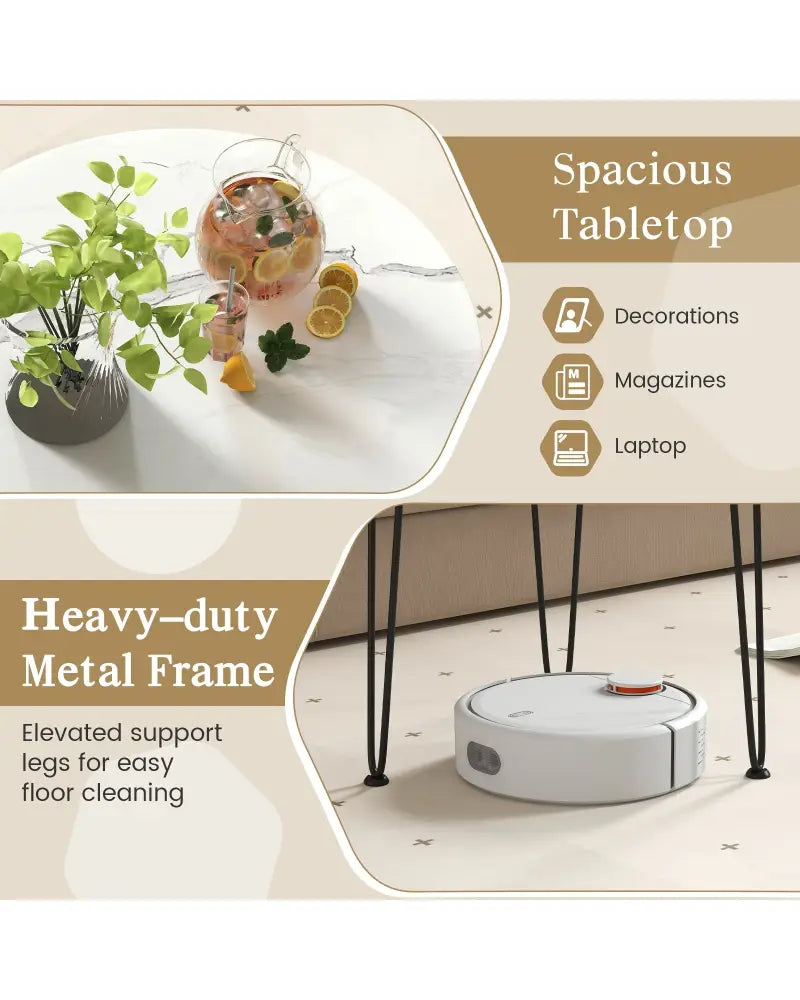 Round Coffee Table with Thickened Tabletop and Metal Tripod Legs-White - White - End & Side Tables