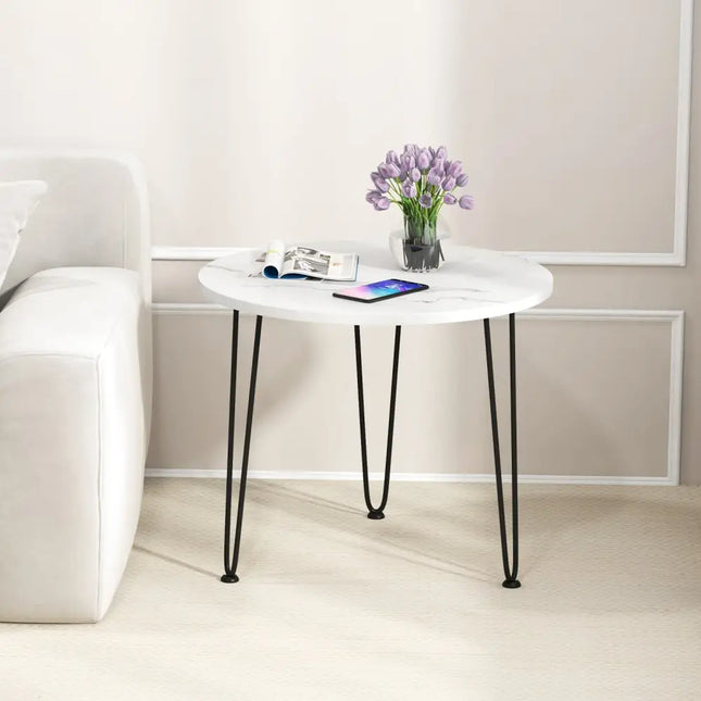 Round Coffee Table with Thickened Tabletop and Metal Tripod Legs-White - White - End & Side Tables