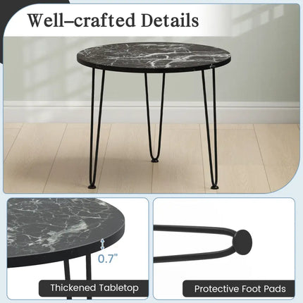 Round Coffee Table with Thickened Tabletop and Metal Tripod Legs-Black - Black - End & Side Tables