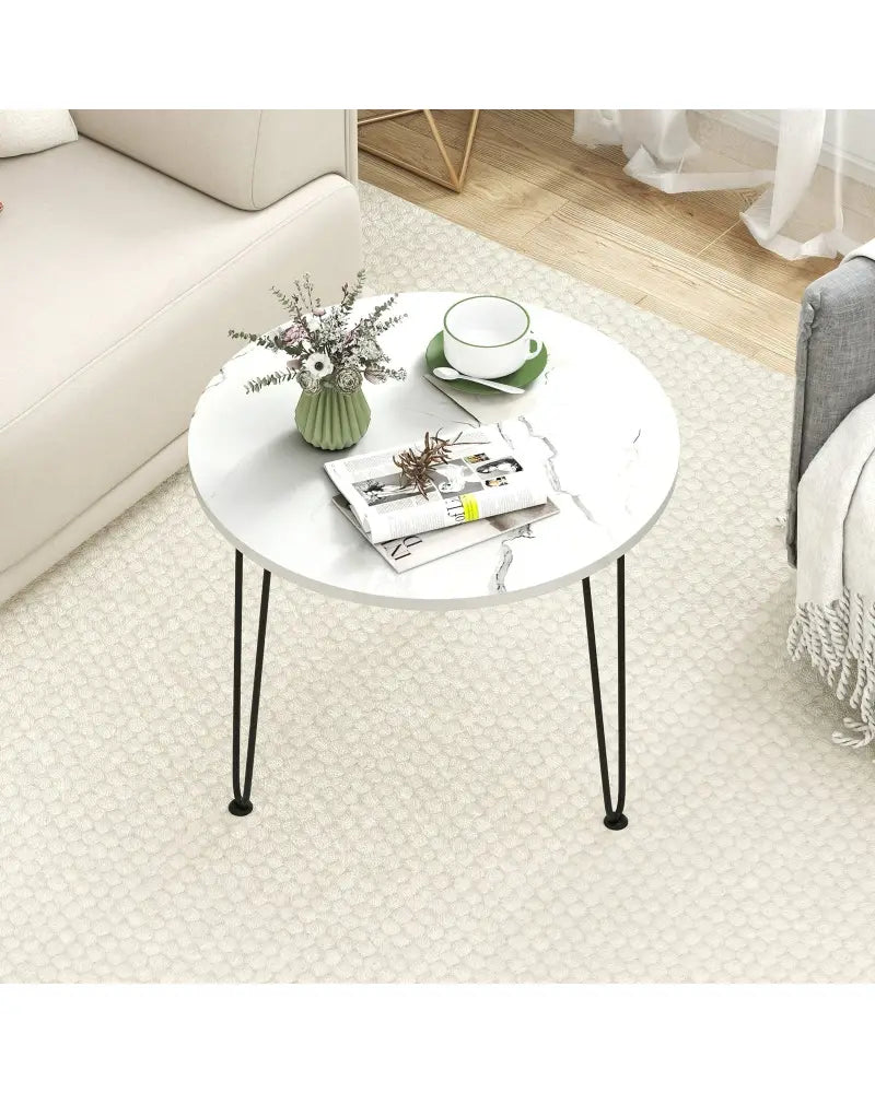 Round Coffee Table with Thickened Tabletop and Metal Tripod Legs-White - White - End & Side Tables
