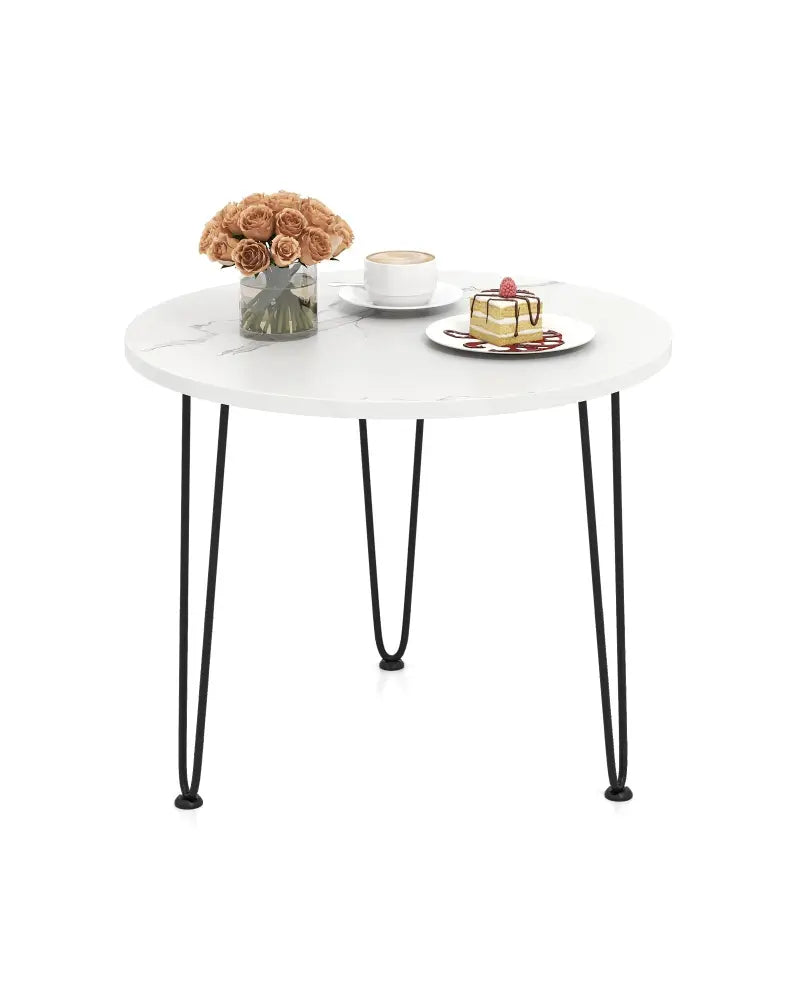 Round Coffee Table with Thickened Tabletop and Metal Tripod Legs-White - White - End & Side Tables