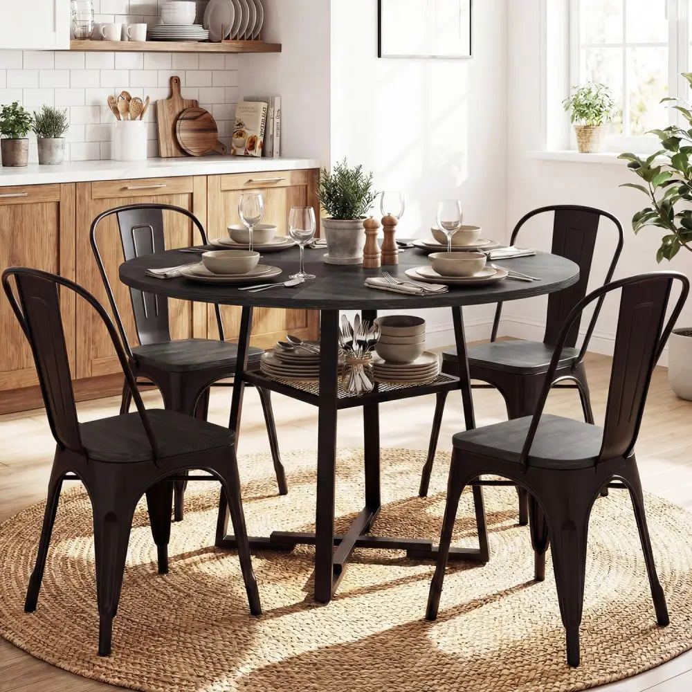 Round Dining Table for 4-6 with Storage Shelf and Metal Legs-Black - Black - Dining Tables