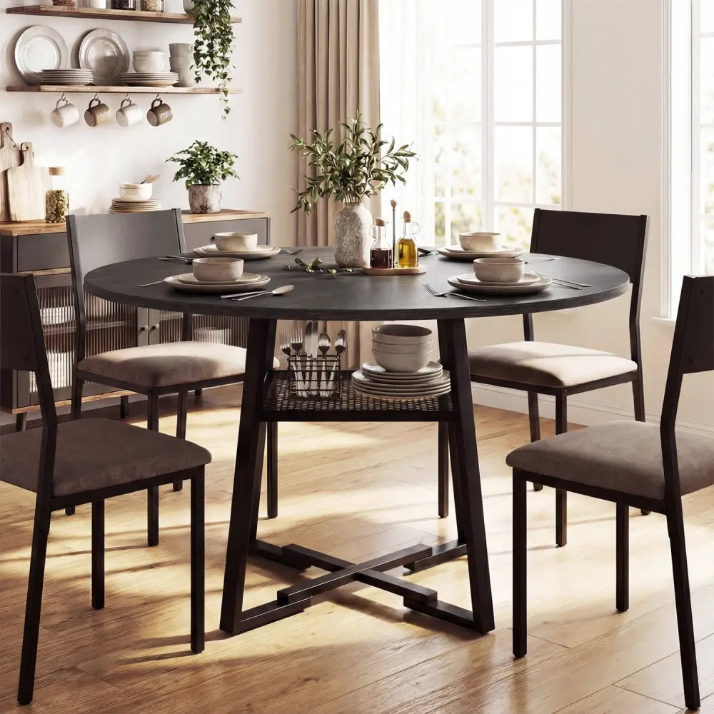 Round Dining Table for 4-6 with Storage Shelf and Metal Legs-Black - Black - Dining Tables