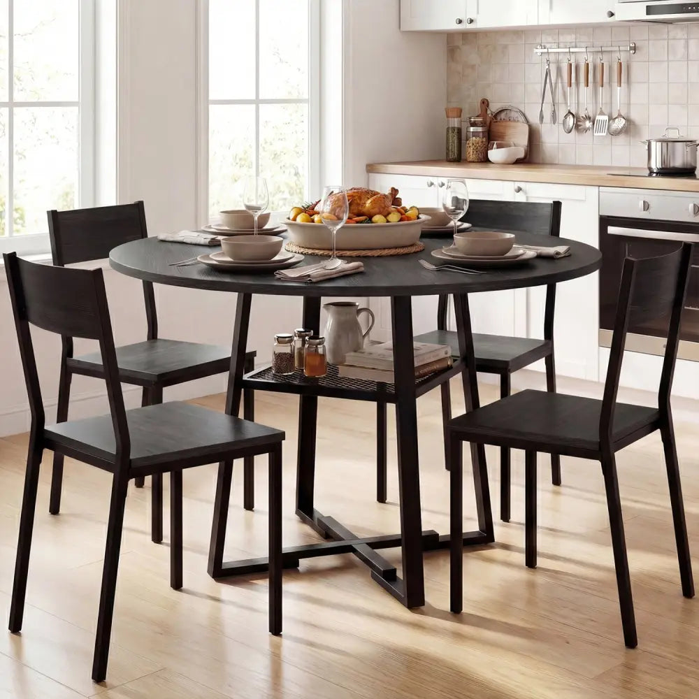 Round Dining Table for 4-6 with Storage Shelf and Metal Legs-Black - Black - Dining Tables