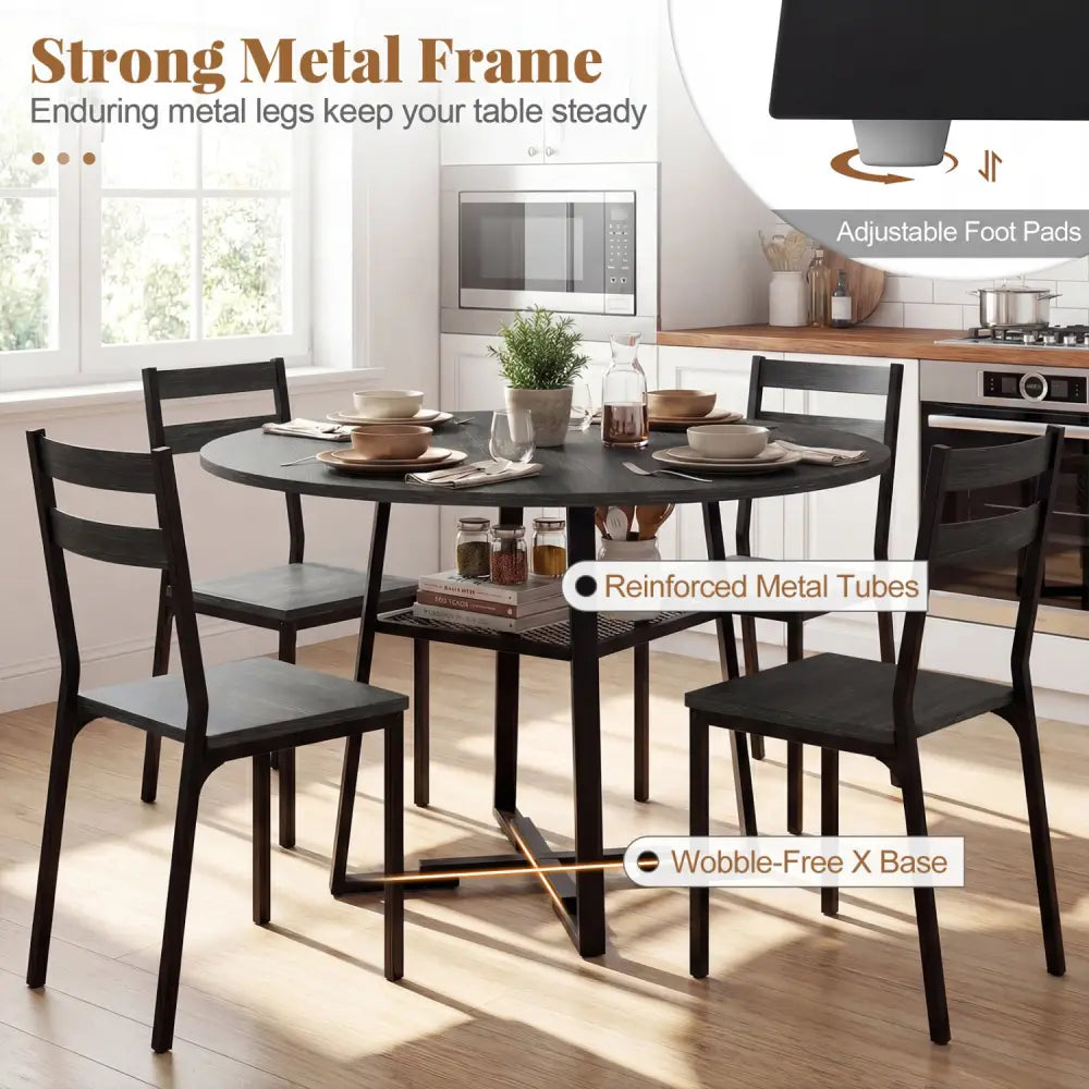 Round Dining Table for 4-6 with Storage Shelf and Metal Legs-Black - Black - Dining Tables