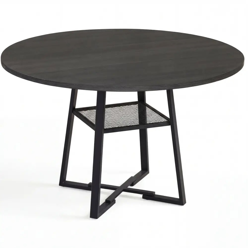 Round Dining Table for 4-6 with Storage Shelf and Metal Legs-Black - Black - Dining Tables
