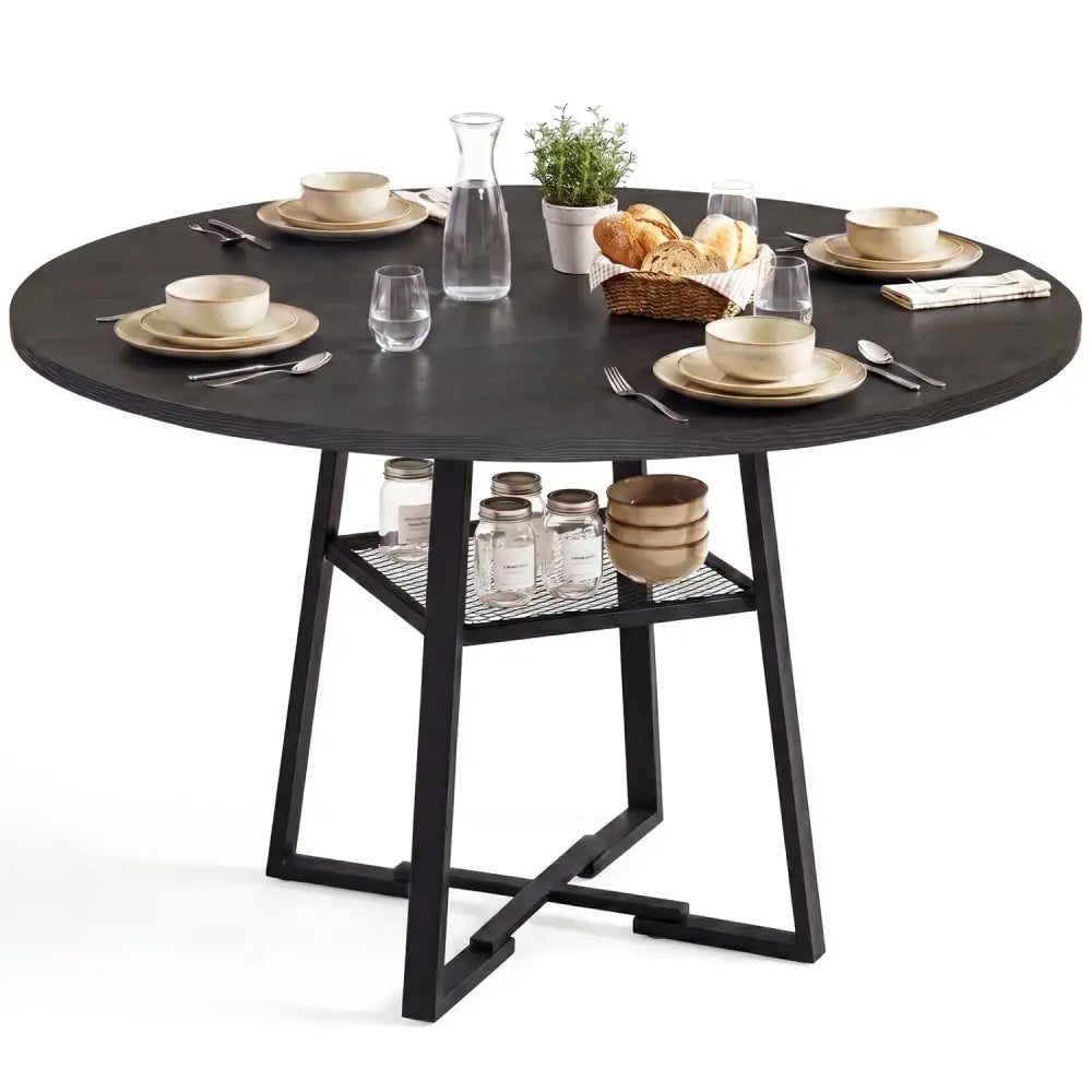 Round Dining Table for 4-6 with Storage Shelf and Metal Legs-Black - Black - Dining Tables