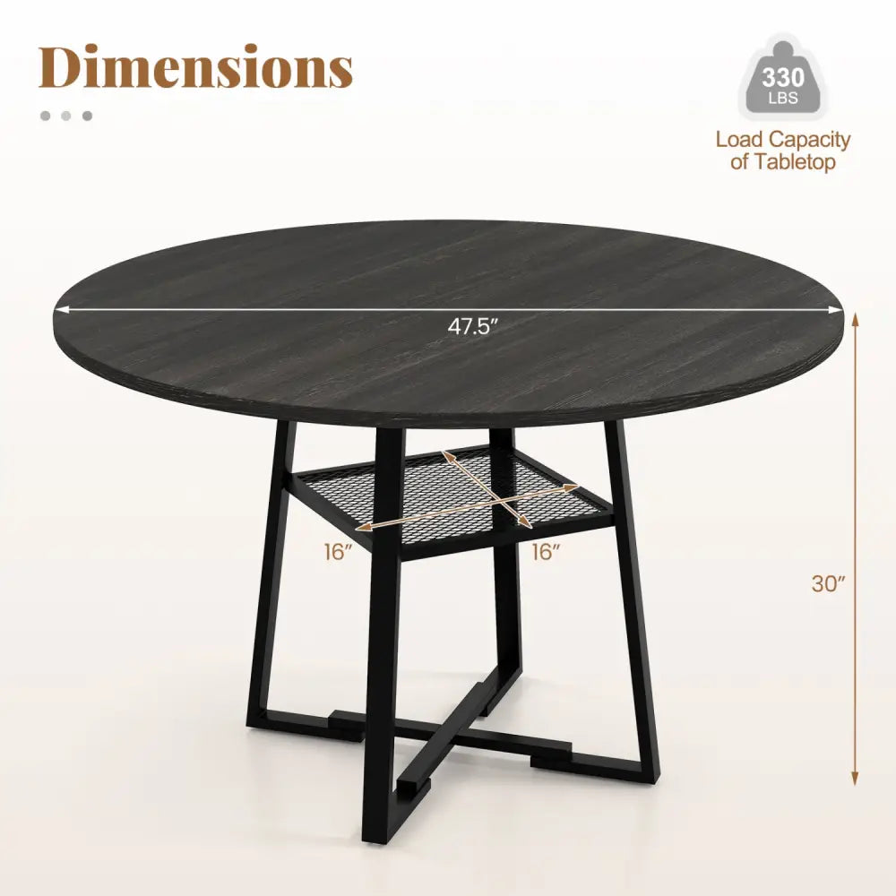 Round Dining Table for 4-6 with Storage Shelf and Metal Legs-Black - Black - Dining Tables