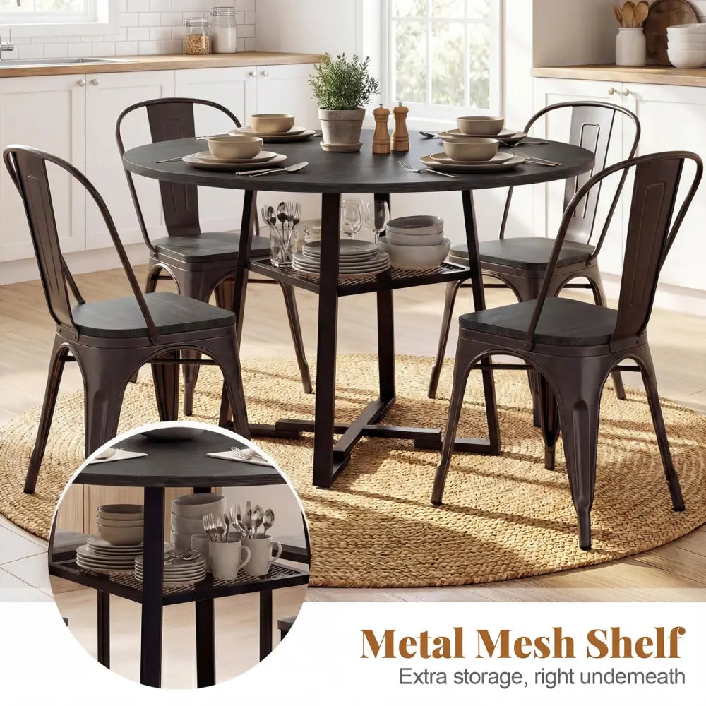 Round Dining Table for 4-6 with Storage Shelf and Metal Legs-Black - Black - Dining Tables