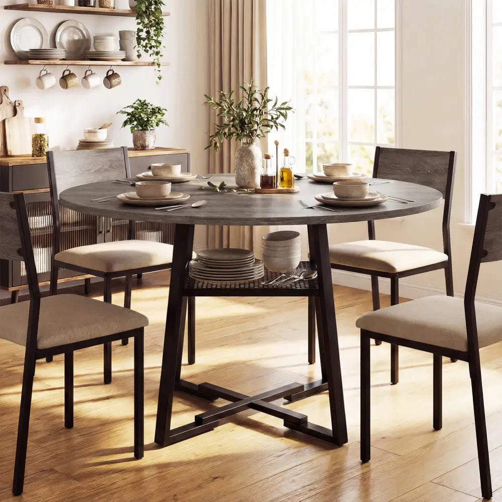 Round Dining Table for 4-6 with Storage Shelf and Metal Legs-Gray - Gray - Dining Tables