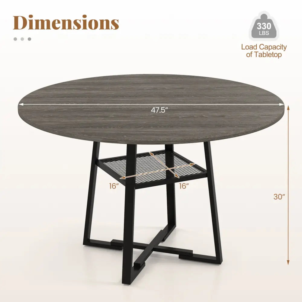 Round Dining Table for 4-6 with Storage Shelf and Metal Legs-Gray - Gray - Dining Tables