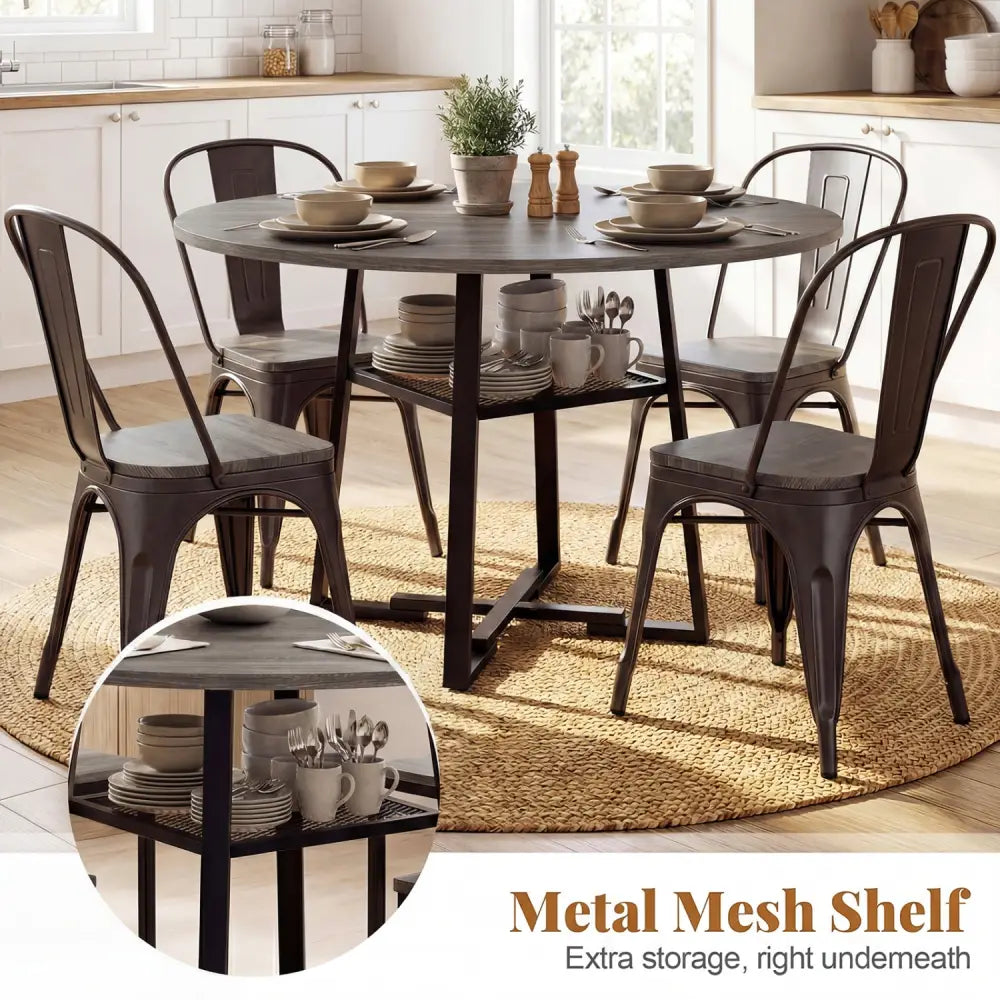 Round Dining Table for 4-6 with Storage Shelf and Metal Legs-Gray - Gray - Dining Tables
