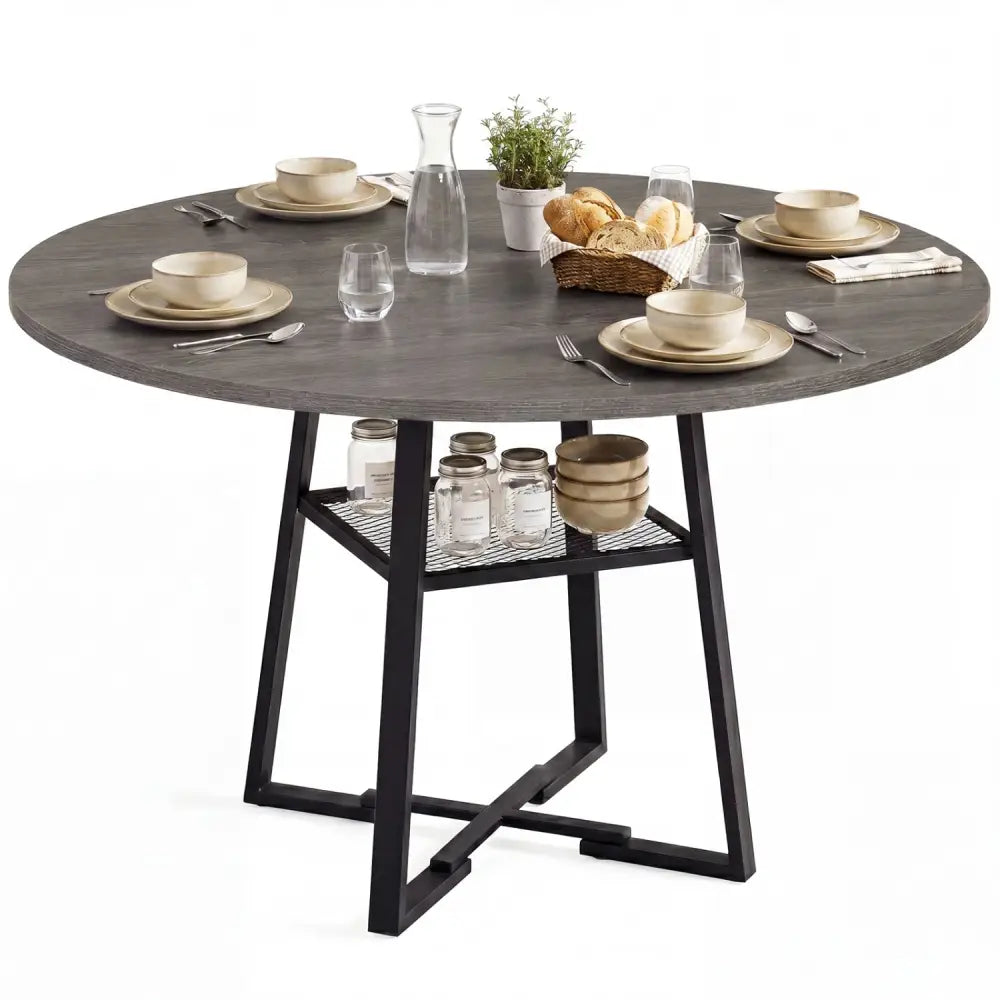 Round Dining Table for 4-6 with Storage Shelf and Metal Legs-Gray - Gray - Dining Tables