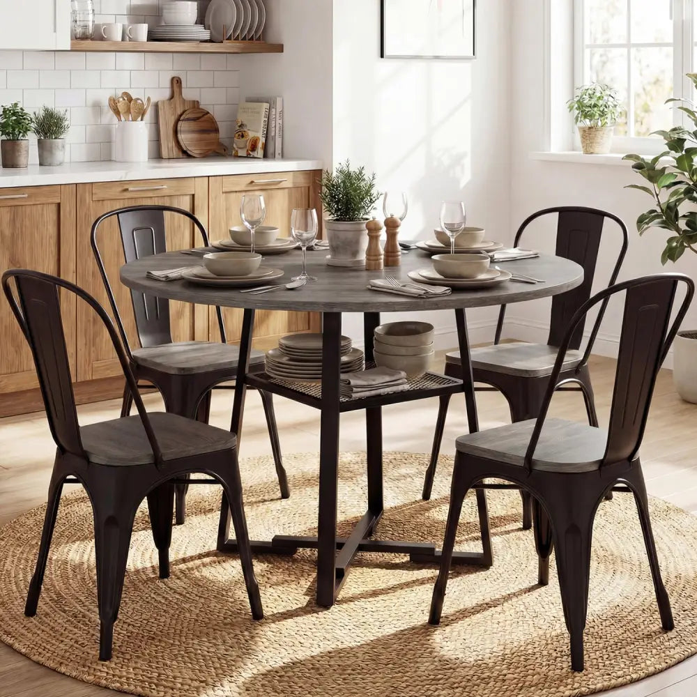 Round Dining Table for 4-6 with Storage Shelf and Metal Legs-Gray - Gray - Dining Tables