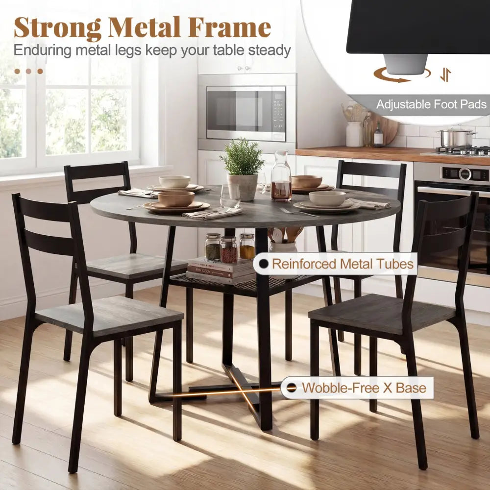 Round Dining Table for 4-6 with Storage Shelf and Metal Legs-Gray - Gray - Dining Tables