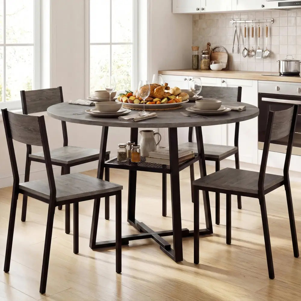 Round Dining Table for 4-6 with Storage Shelf and Metal Legs-Gray - Gray - Dining Tables