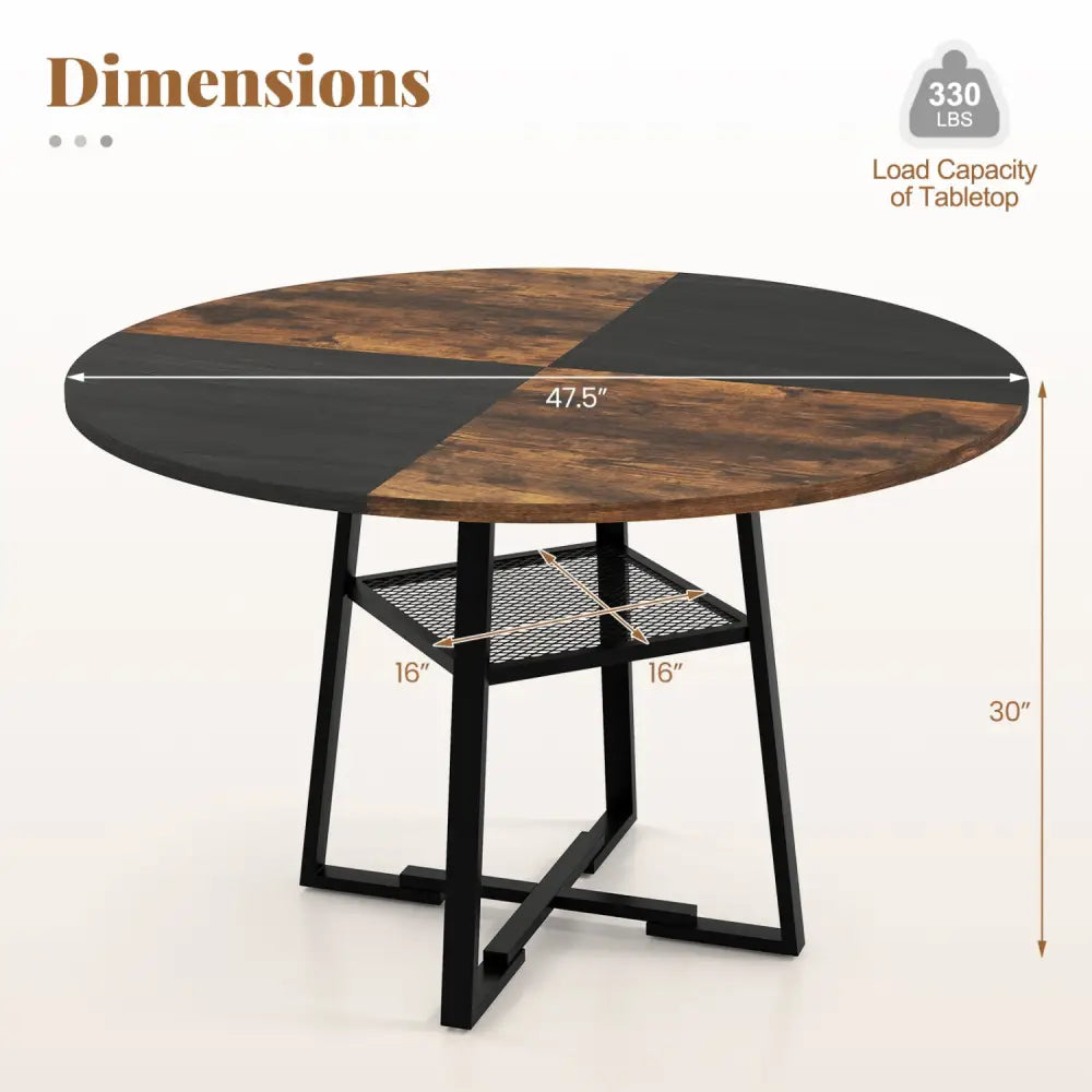Round Dining Table for 4-6 with Storage Shelf and Metal Legs-Rustic Brown - Rustic Brown - Dining Tables