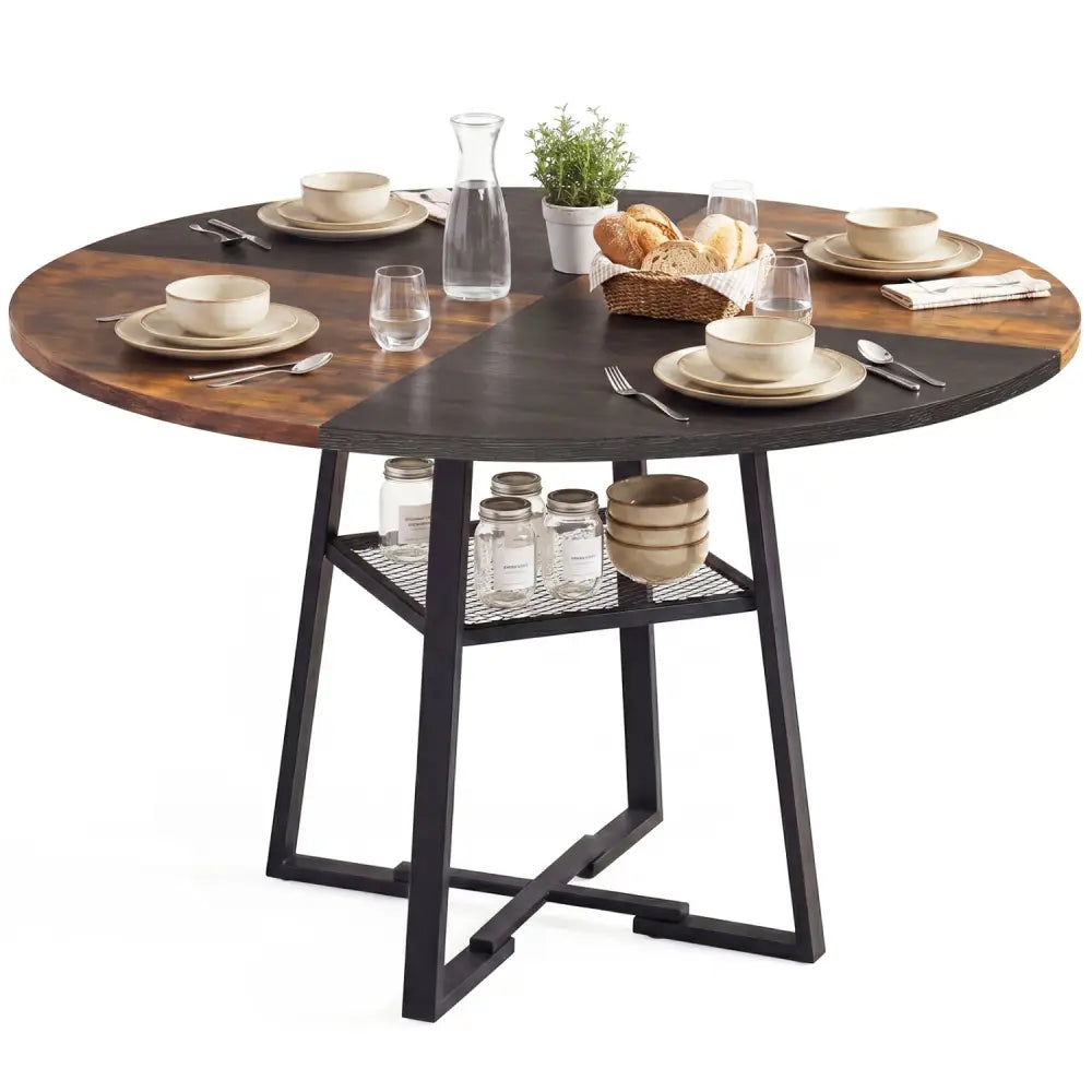 Round Dining Table for 4-6 with Storage Shelf and Metal Legs-Rustic Brown - Rustic Brown - Dining Tables