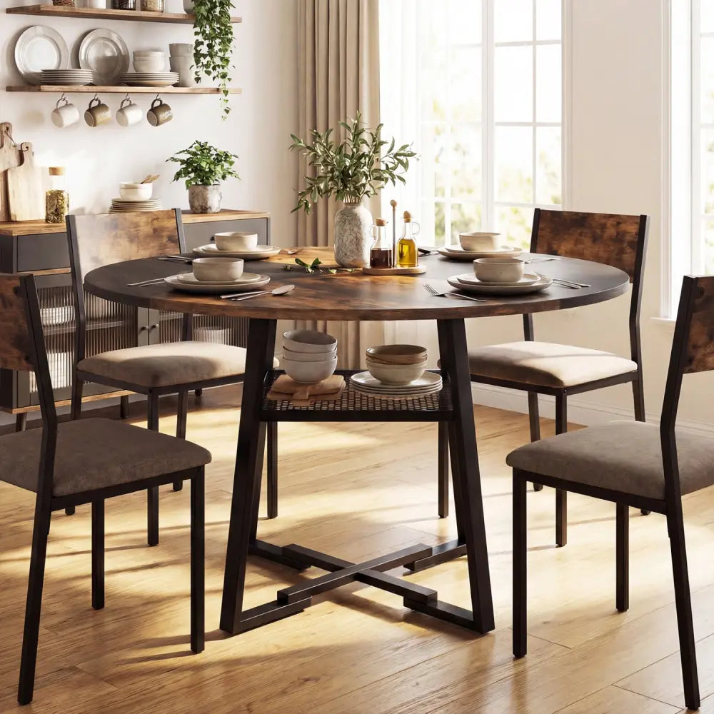 Round Dining Table for 4-6 with Storage Shelf and Metal Legs-Rustic Brown - Rustic Brown - Dining Tables