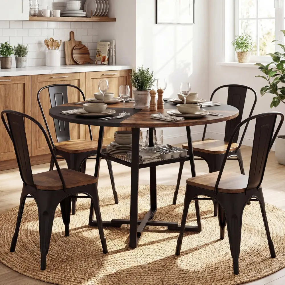 Round Dining Table for 4-6 with Storage Shelf and Metal Legs-Rustic Brown - Rustic Brown - Dining Tables