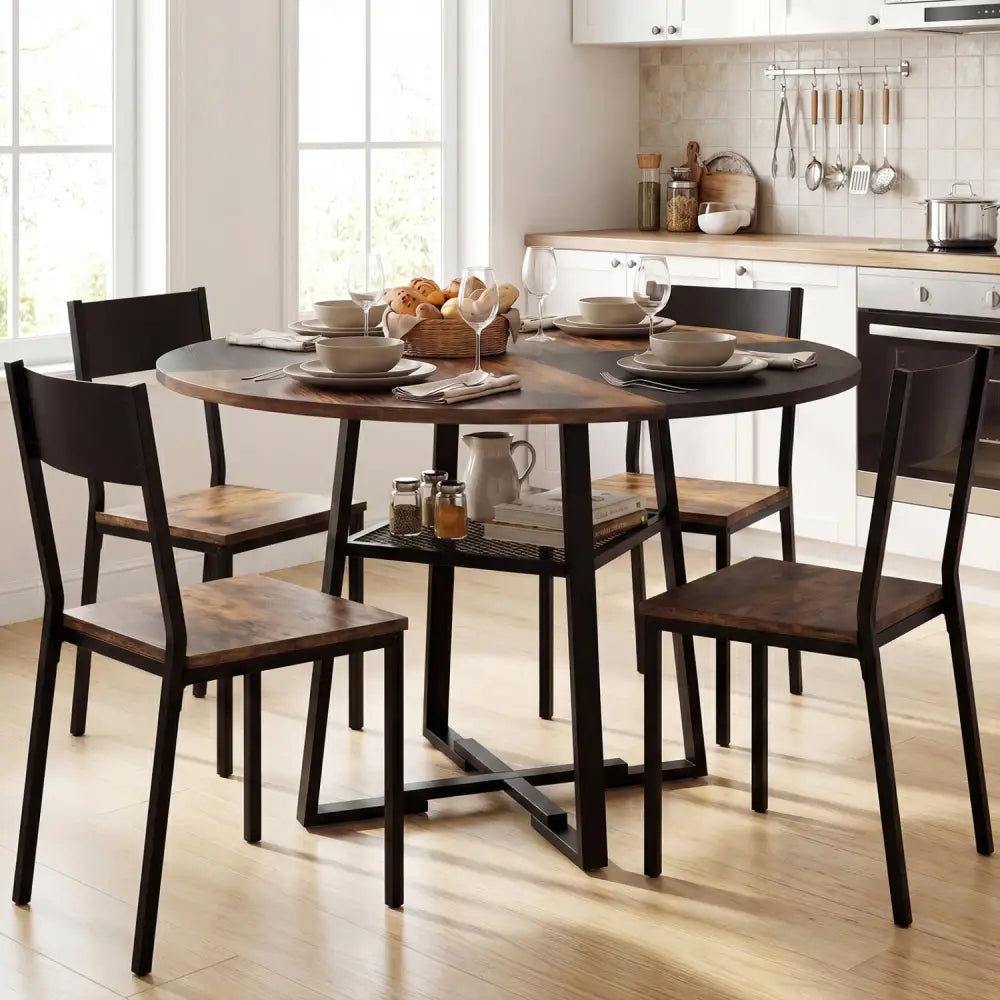 Round Dining Table for 4-6 with Storage Shelf and Metal Legs-Rustic Brown - Rustic Brown - Dining Tables