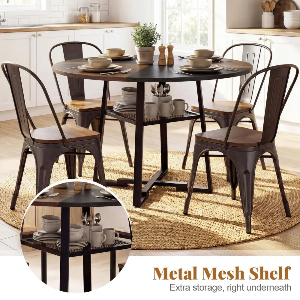 Round Dining Table for 4-6 with Storage Shelf and Metal Legs-Rustic Brown - Rustic Brown - Dining Tables