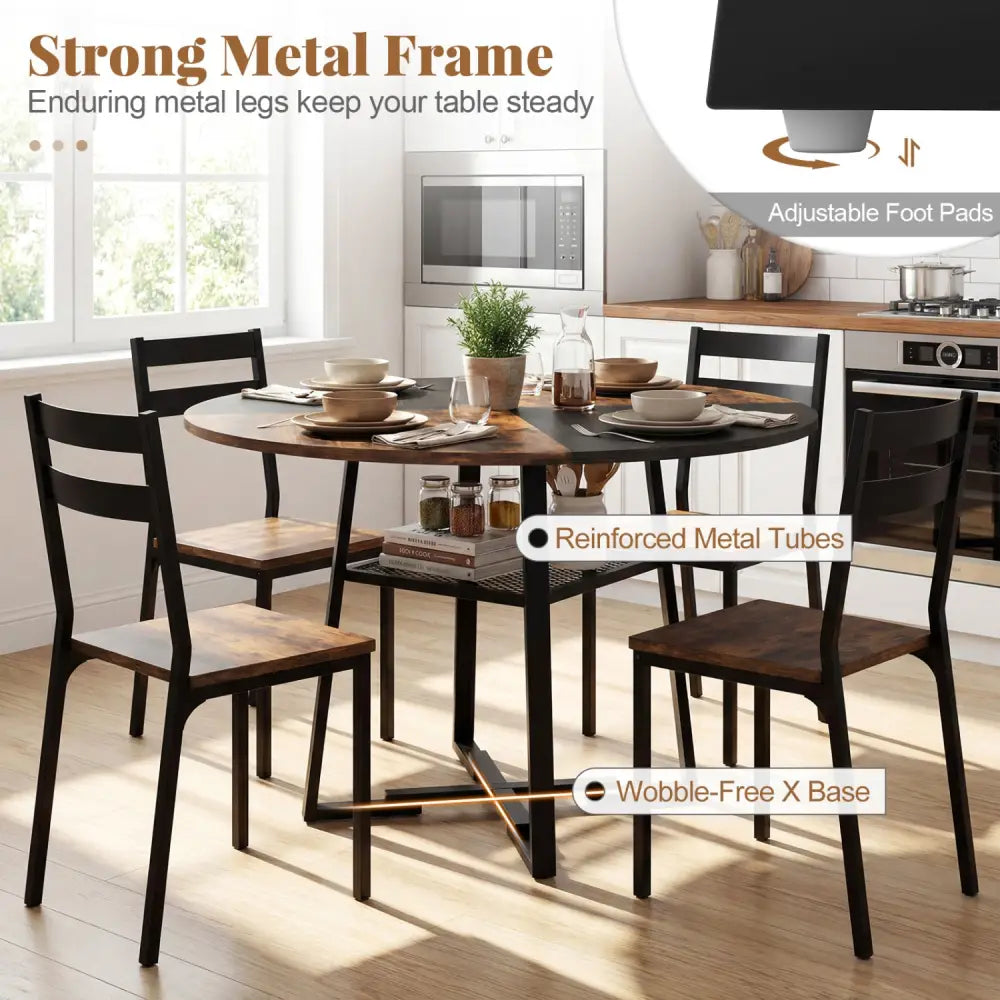 Round Dining Table for 4-6 with Storage Shelf and Metal Legs-Rustic Brown - Rustic Brown - Dining Tables