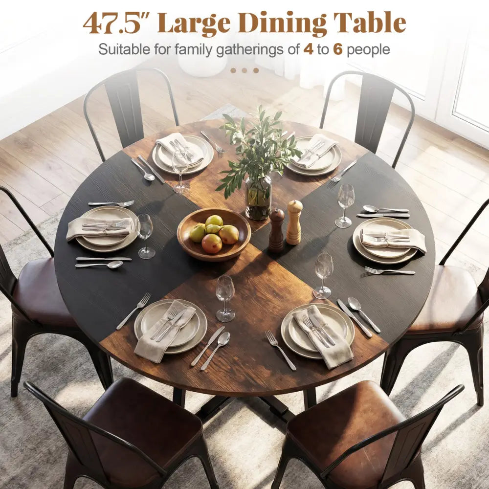 Round Dining Table for 4-6 with Storage Shelf and Metal Legs-Rustic Brown - Rustic Brown - Dining Tables