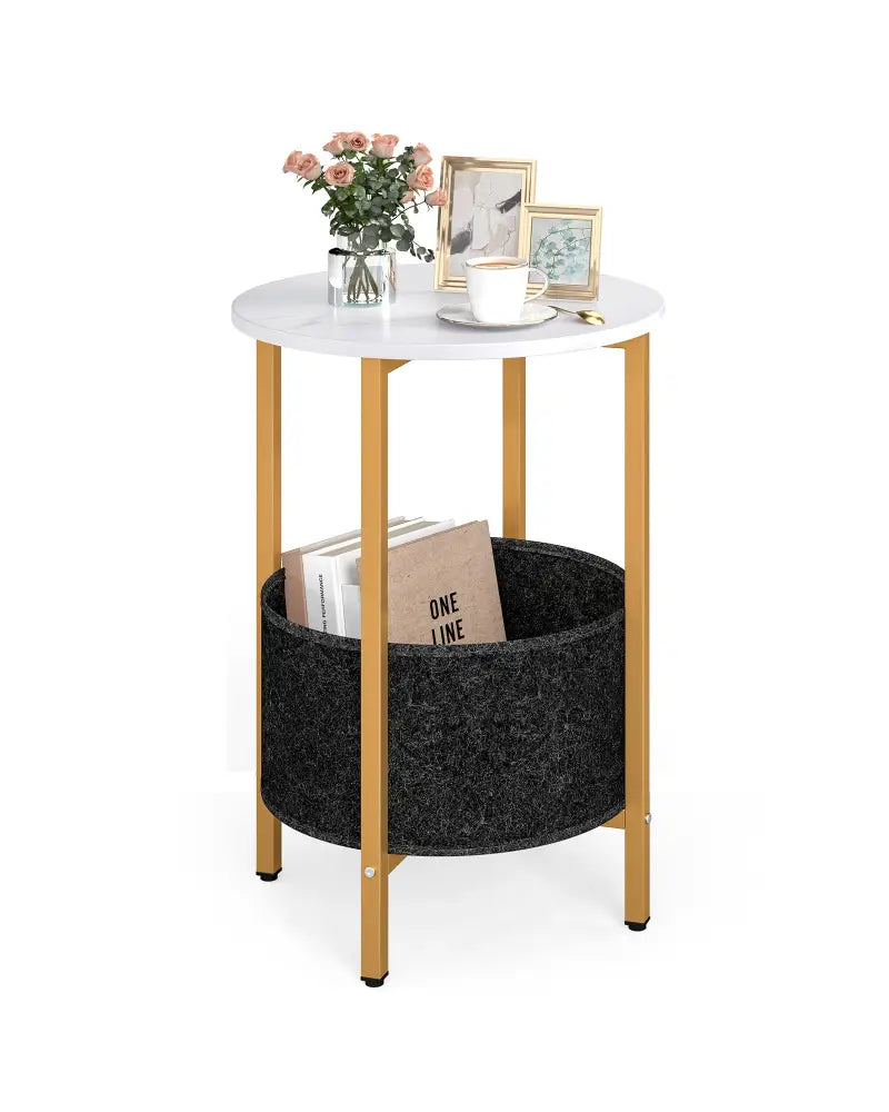 Round End Table 2-Tier Side Table with Removable Fabric Basket and Metal Frame-White - White - End & Side Tables