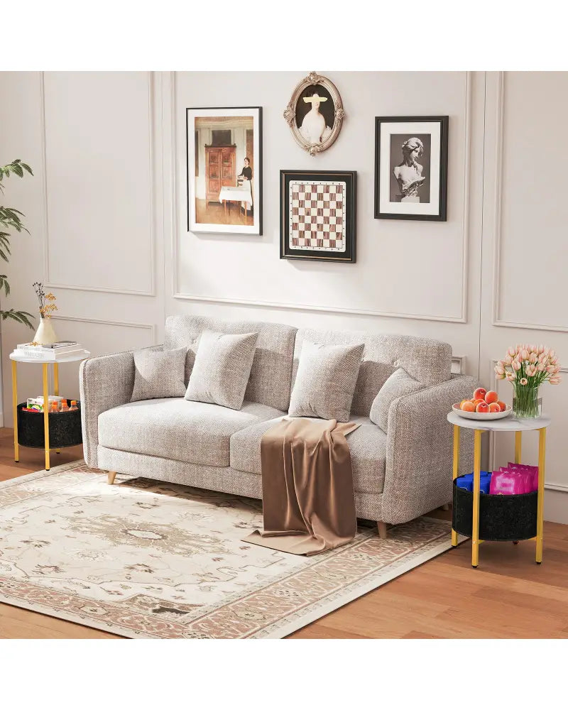 Round End Table 2-Tier Side Table with Removable Fabric Basket and Metal Frame-White - White - End & Side Tables