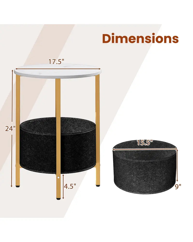 Round End Table 2-Tier Side Table with Removable Fabric Basket and Metal Frame-White - White - End & Side Tables